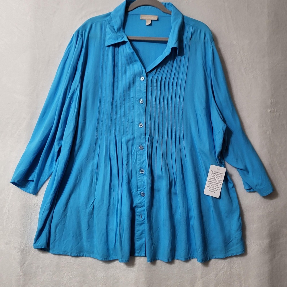 Woman Within Shirt Womens 22/24 1X‎ Pleated Button Front 3/4 Sleeve Rayon Top